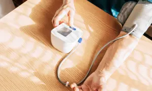 Osoba mierzy ciśnienie krwi za pomocą ciśnieniomierza. Dłoń naciska przycisk start.