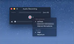 Jak nagrać dźwięk z komputera? QuickTime Player pozwala wybrać mikrofon (AirPods lub wewnętrzny) i jakość nagrania (wysoka/maksymalna).
