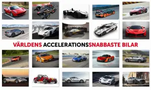 Bilden visar en samling supersnabba bilar, inklusive en röd Ferrari och en vit Koenigsegg. Dessa är exempel på bilar som kan sätta hastighetsrekord.