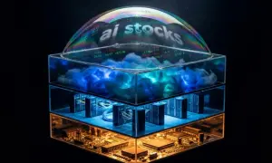 Bańka mydlana z napisem "ai stocks" odbija wykresy giełdowe. Poniżej serwery i płyta główna, symbolizujące technologię stojącą za akcjami.