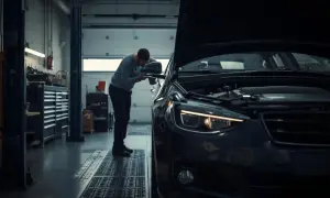 Mekaniker kontrollerar en bil i verkstad. För att undvika problem vid bilbesiktning regler är det viktigt att bilen är i gott skick.
