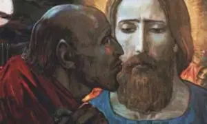 Judasz całuje Jezusa, zdradzając go. W tle widać żołnierzy i księżyc.