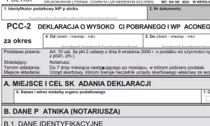 Deklaracja PCC-2 o wysokości pobranego podatku od czynności cywilnoprawnych, np. podatek od zakupu nieruchomości.