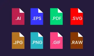 Kolorowa grafika wektorowa prezentująca ikony popularnych rozszerzeń plików: .AI, .EPS, .PDF, .SVG, .JPG, .PNG, .GIF, .RAW.