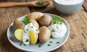 Gedämpfte Kartoffeln mit Kräuterquark und Schnittlauch, schnell in der Mikrowelle zubereitet.