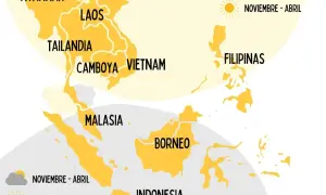Mapa Azji Południowo-Wschodniej z zaznaczonymi krajami i okresami najlepszymi na podróż.