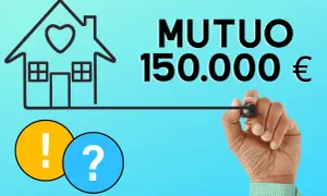 Casa con cuore, testo "MUTUO 150.000 €", punto interrogativo e esclamativo.