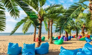 Kolorowe pufy i palmy na plaży w Bułgarii. Złote Piaski oferują mnóstwo atrakcji dla każdego.