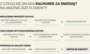Schemat rozliczenia rachunku za energię: prognoza, zużycie, koszty, kwota do zapłaty.