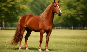 Piękny kasztanowaty koń stoi na zielonej łące, jego grzywa faluje na wietrze.