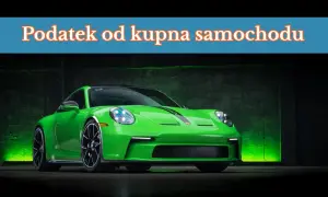 Zielony sportowy samochód z napisem "Podatek od kupna samochodu".