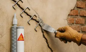 Réparation d'une fissure avec une résine époxy. Un artisan utilise une spatule pour appliquer le produit sur le sol d'un salon.
