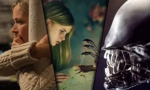 En kvinna gömmer sig, en flicka möter ett monster, och en ikonisk Xenomorph från monstret film.