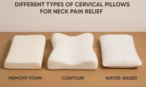 Three types of almohada para cervical for neck pain relief: memory foam, contour, and water-based.