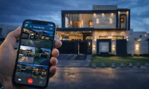 Dłoń trzyma smartfon z aplikacją "Home Security", pokazującą podgląd z kamer. W tle nowoczesny dom z oświetleniem.