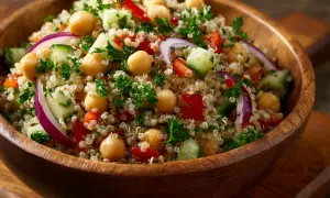 En härlig quinoa sallad med kikärtor, gurka, röd lök och persilja i en träskål.