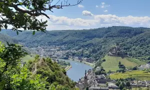 Blick vom Berg auf Cochem mit Reichsburg und Mosel. Perfekt für eine Wanderung.