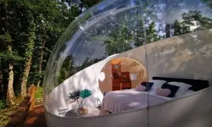 Une bulle transparente au cœur de la nature pour dormir dans une bulle Occitanie. Lit douillet, table et fleurs pour un séjour unique.