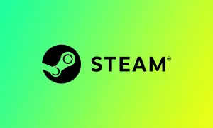 Logo Steam na tle gradientu zielono-żółtego.