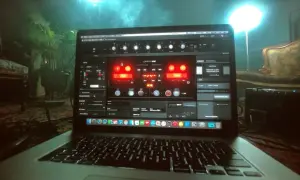 Laptop screen displays a vocal chorus plugin interface, with glowing red knobs and sliders, set in a dimly lit room with plants and furniture.