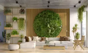Un salon moderne avec un mur végétal circulaire, des étagères remplies de plantes et un canapé blanc. Ce design biophilique invite la nature à l'intérieur.