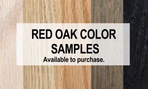 Muestras de color de roble rojo, incluyendo tonos naturales y teñidos. La madera roja natural es visible en varios tonos.