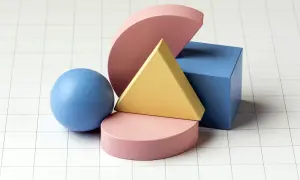 Kolorowe figury geometryczne: kula, sześcian, trójkąt i półkola na siatce.