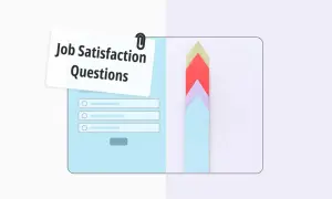 Diseño de cuestionarios de satisfacción laboral con opciones de respuesta y flechas de progreso de colores.