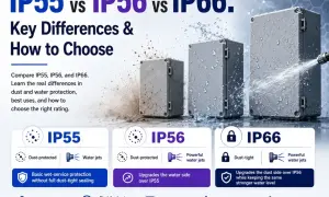 Comparaison des indices de protection IP55, IP56 et IP66. Le signification IP55 indique une protection contre la poussière et les jets d'eau.