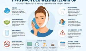 Tipps zur regenerationszeit nach op: Frau kühlt Wange, isst weich, trinkt viel, ruht sich aus. Wichtig: Mundhygiene, keine Anstrengung, auf Warnzeichen achten.