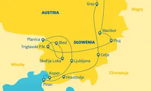 Mapa Słowenii z zaznaczonymi trasami. Pokażę najkrótsza droga do Chorwacji przez Austrię i Słowenię, z miastami jak Bled, Ljubljana, Piran.