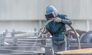 Un ouvrier en combinaison de protection effectue un décapage mécanique sur des structures métalliques, projetant un jet abrasif.
