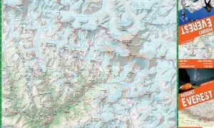 Mapa szlaków trekkingowych w Himalajach, pokazująca gdzie leży Mount Everest (Sagarmatha) i okoliczne szczyty, lodowce oraz wioski.