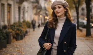 Elegancka kobieta w beżowym beretcie i granatowym płaszczu spaceruje po jesiennej ulicy. Pokazuje, jak założyć beret, by wyglądać stylowo.