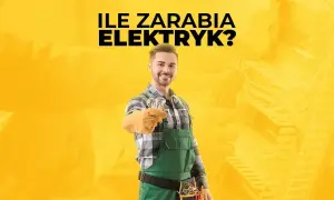 Uśmiechnięty elektryk w zielonym ogrodniczkach trzyma żarówki. Dowiedz się, ile zarabia elektryk i jakie są jego zarobki.
