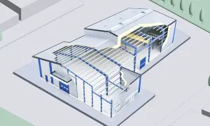 Przekrój nowoczesnego centrum danych z widoczną konstrukcją stalową i izolacją.