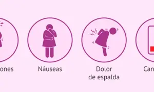 Síntomas comunes en embarazo de 39 semanas: retortijones, náuseas, dolor de espalda y cansancio.