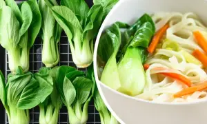Świeża sałata pak choi na tacy i w misce z makaronem i warzywami.