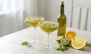 Dwa kieliszki z orzeźwiającą nalewką z kiwi, ozdobione plasterkami owoców i skórką cytrynową. Obok butelka, kiwi, pomarańcza i cytryna.