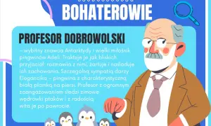 Ilustracja przedstawia profesora z wąsami i okularami, otoczonego przez pingwiny.