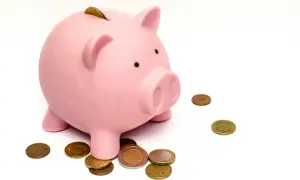 Różowa świnka skarbonka z monetami. Zastanawiasz się, ile wynosi zasiłek dla bezrobotnych?