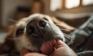 Nariz húmeda de perro en mano, explorando con lamidas y mordiscos suaves. ¿Por qué mi perro me lame y me muerde?