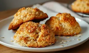 Tre gyllene glutenfria scones med havregryn på en vit tallrik, redo att avnjutas.
