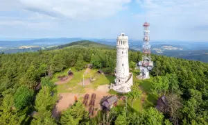 Wielka sowa, jak wieża widokowa, góruje nad lasem. Obok niej maszt telekomunikacyjny i małe chatki.