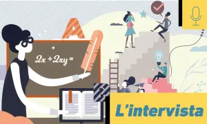 Illustrazione di un'intervista che valorizza le competenze non cognitive, con persone che salgono scale verso il successo e un insegnante alla lavagna.