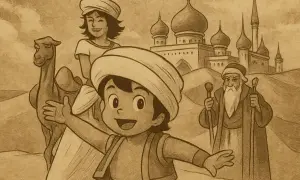 Wesoły chłopiec w turbanie, podróżujący z wielbłądem i starszym mężczyzną, zbliża się do miasta. To może być ojczyzna Sindbada Żeglarza.