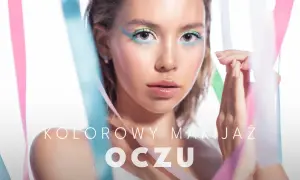 Kolorowy makijaż oka w pastelowych barwach, z błękitem, różem i zielenią. Delikatne serduszka pod oczami.