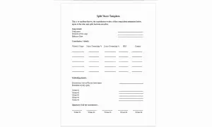 A split sheet template for documenting song details, writer contributions, and royalty splits.