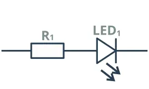 Schemat obwodu: rezystor R1 i dioda LED1 w połączenie szeregowe.