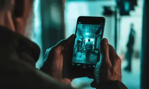 Un homme utilise son smartphone pour surveiller sa maison. L'écran affiche une image en temps réel d'un couloir.